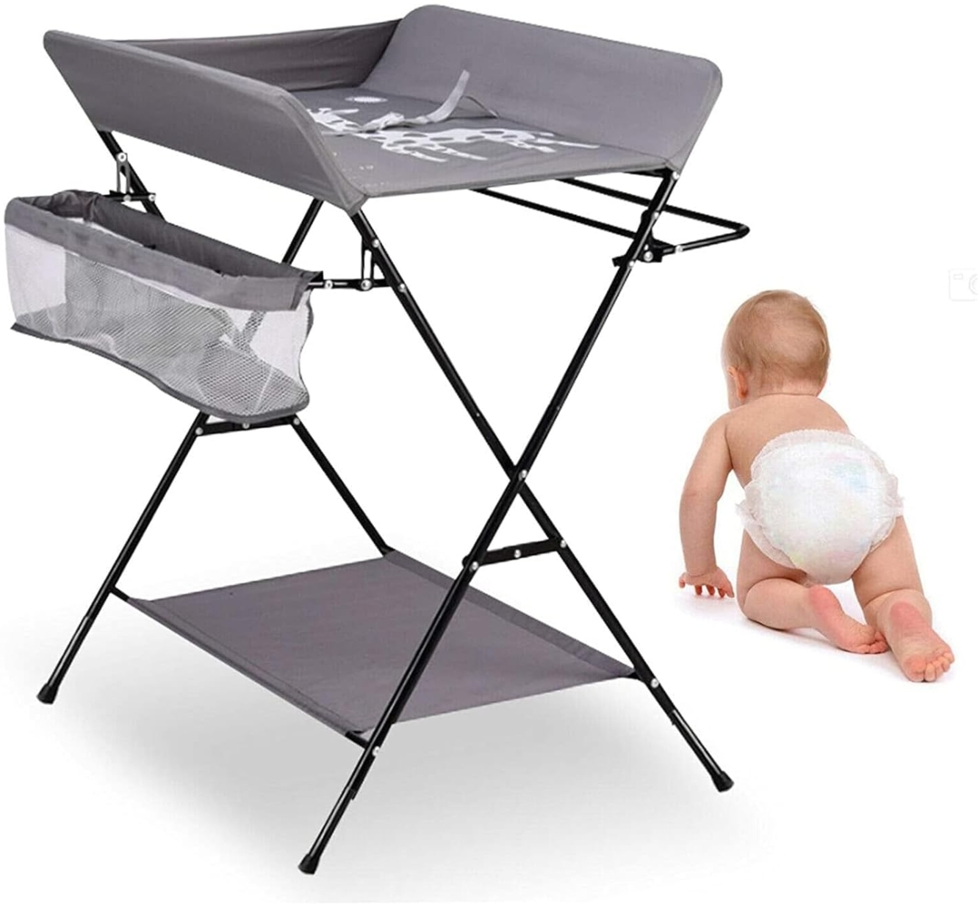 Homewell Baby Wickelkombi Wickelkommode, Mobile Wickeltisch Klappbar, mit Wickelauflage, Sicherheitsgurt, Ablagefächern, süßem Muster und Höhenangabe, Stabil und Bequem (Grau) Bild 1