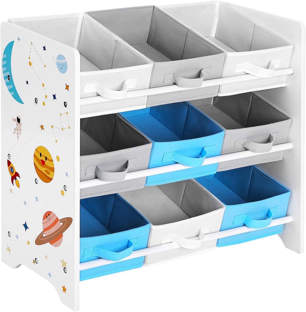 Songmics Kinderzimmerregal, Spielzeug-Organizer, Bücherregal für Kinder, mit 9 Aufbewahrungsboxen aus Fleece, Kinderzimmer, Schule, Kindergarten, 62,5 x 29,5 x 60 cm, Weltall-Motive, Weiß, Blau, Grau Bild 1