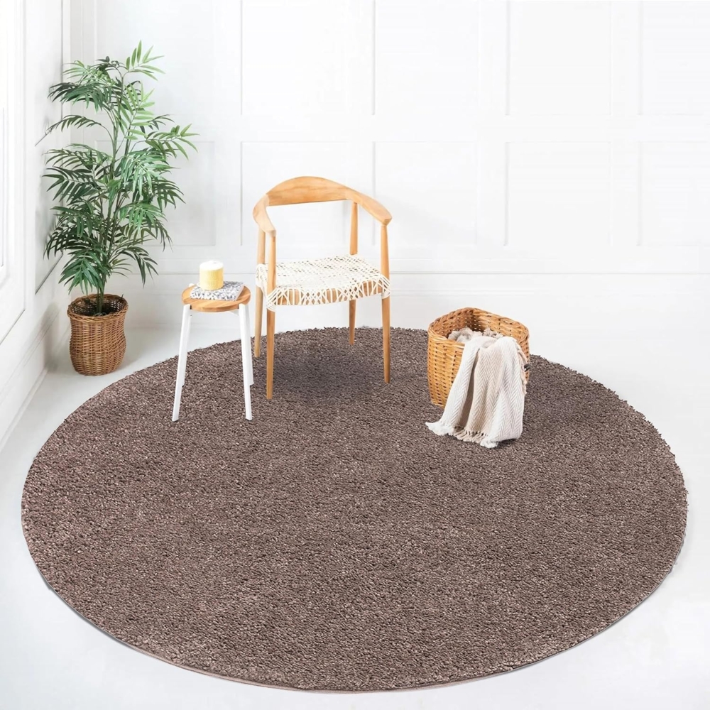 Teppich Rund Hochflor Shaggy - 80x80cm - Braun Einfarbig Uni Flauschig Modern Boho Wohnzimmer Schlafzimmer Deko Teppiche Weich Schlafzimmer Bild 1