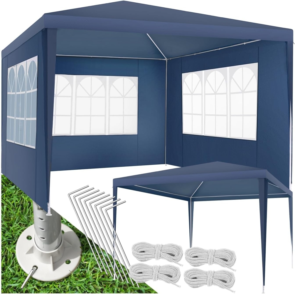 tectake® Pavillon 3x3 m mit verstärktem Gestell, Zelt groß, wasserdicht, Gartenpavillon, Partyzelt, Event Shelter, Festzelt, Gartenpavillon 3x3 m mit 3 Seitenwänden mit Fenstern, inkl. Heringe - blau Bild 1