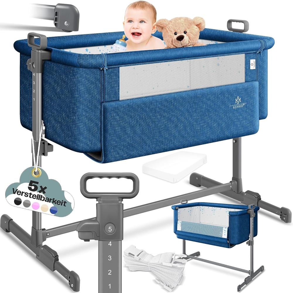 KESSER® Zustellbett Hubi 3in1 Baby Beistellbett Reisebett Babybett mit weich Matratze, mit Rollen Kinderbett, 5-fach Höhenverstellung, Faltbare Seitenwand für zu Hause und unterwegs Blau Bild 1