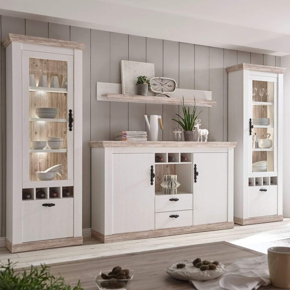 Lomadox Wohnwand FERNA-61, (2-St), Landhaus mit Highboard Oslo Pinie dunkel und weiß Nb. 330x201x44cm Bild 1