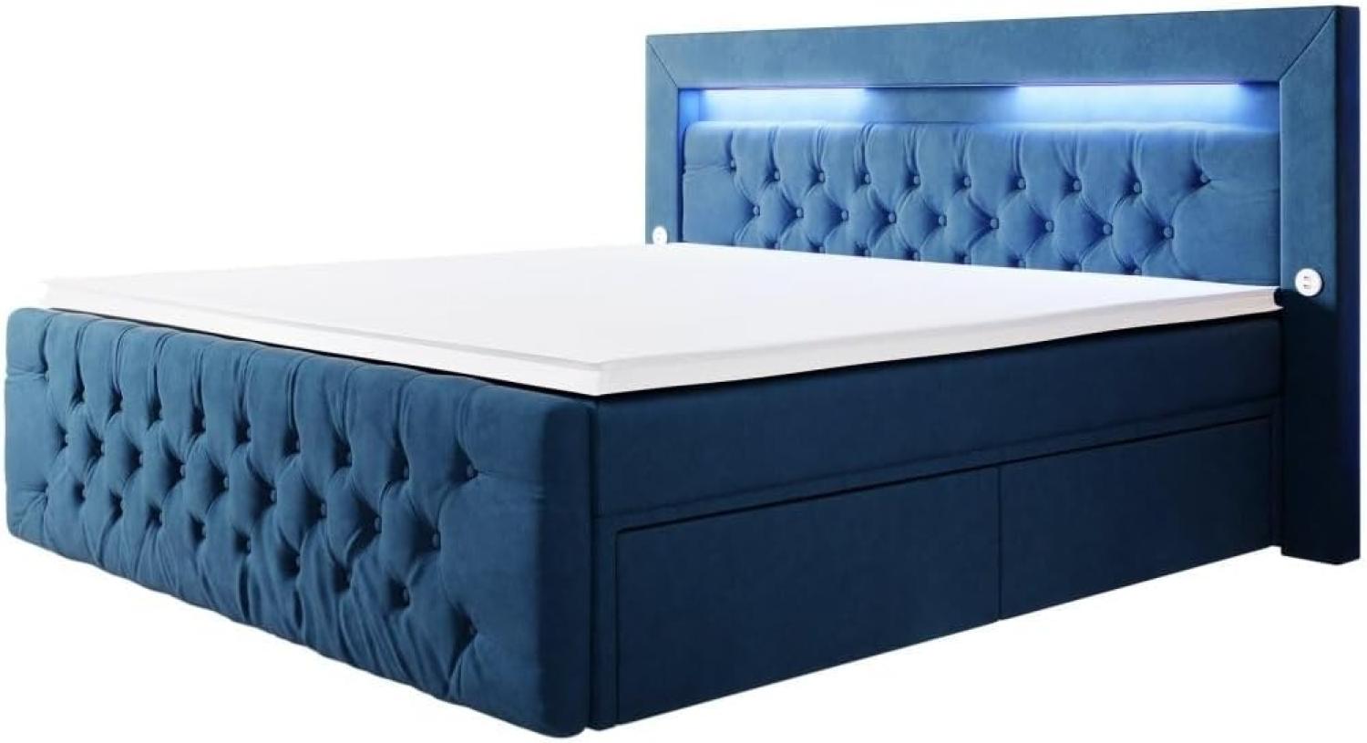 Boxspringbett Sunshine mit indirekter Beleuchtung, USB und Stauraum 200x200 Blau H2 Bild 1