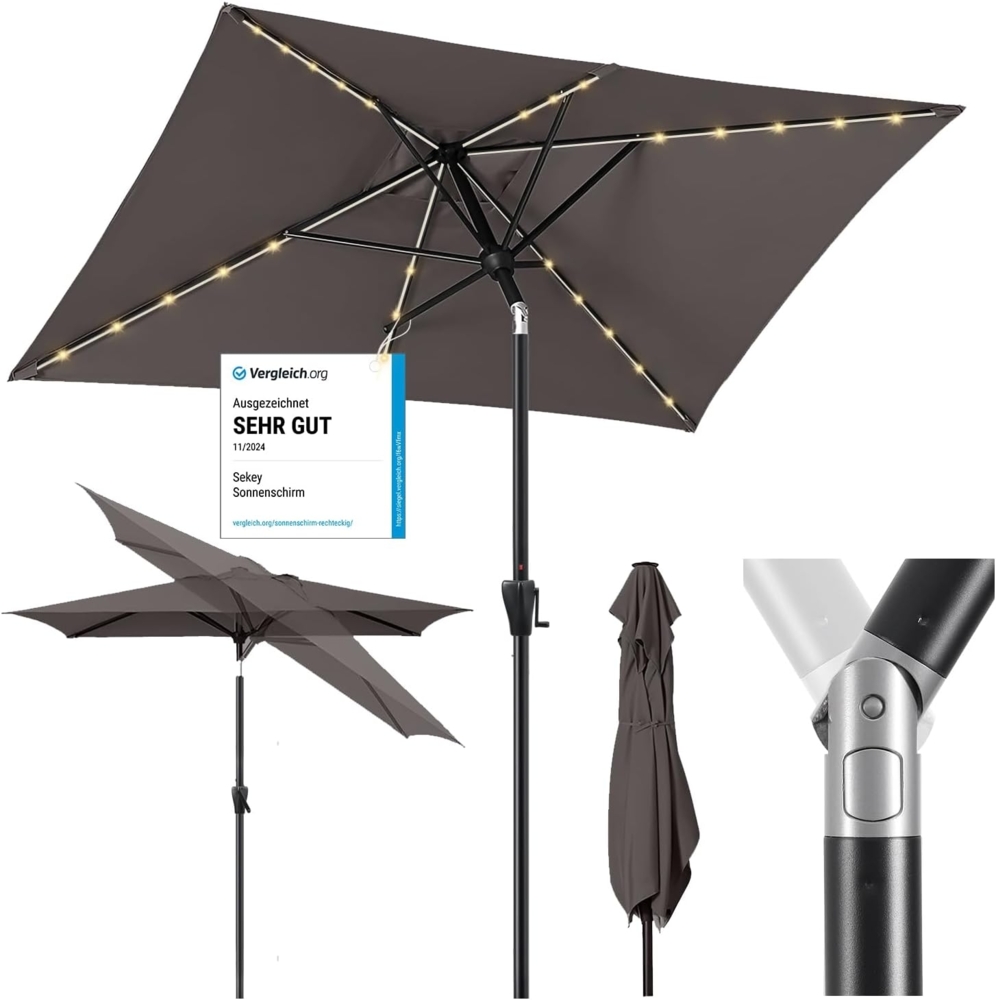 Sekey Sonnenschirm mit LED-Beleuchtung, Kurbel & UV50+, knickbar, Aluminium cappuccino, 210 x 140 cm Bild 1