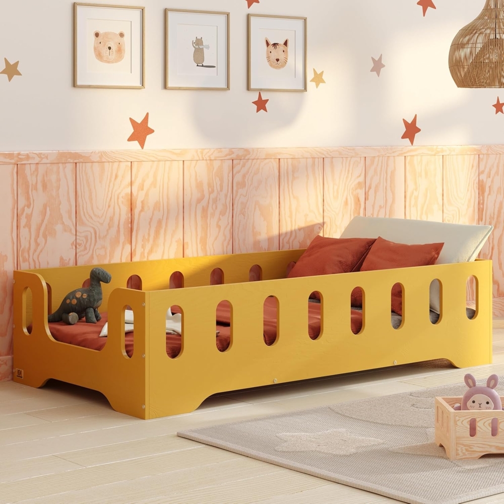 smartwood Kinderbett Bodenbett 100x200 mit Rausfallschutz & Lattenrost - Senfgelb - Kinder Montessori Bett TILA 2B mit glatten Kanten - Betten für schnelle Montage - Bis 230 kg belastbar Bild 1