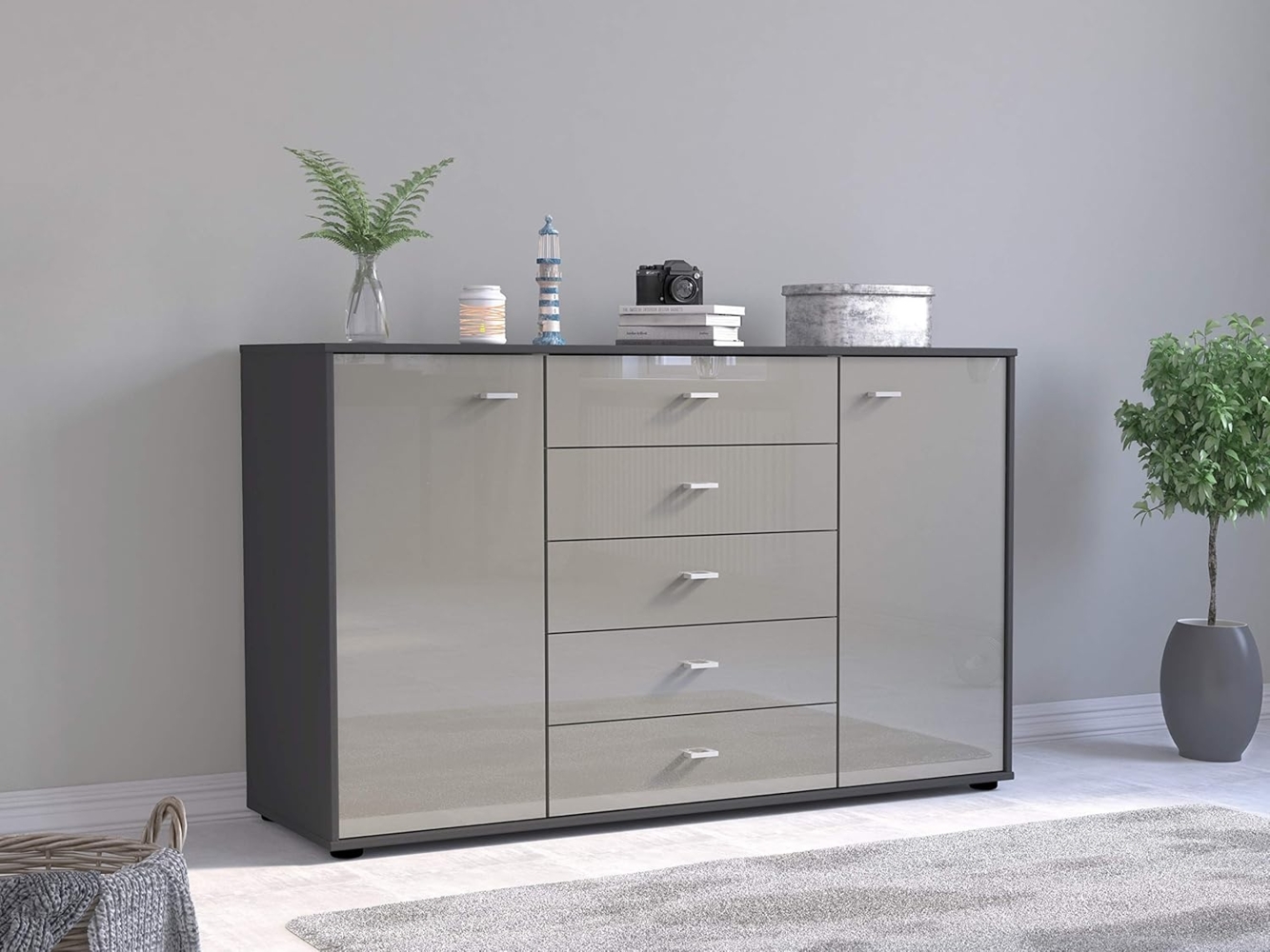 WIEMANN Rialto Kommode, Kombikommode, mit Schubladen, für Schlafzimmer, Sideboard, Breite 141 cm, Glas Kieselgrau, graphit, Griffe silber, Holz, B/H/T 141 x 86 x 43 cm Bild 1