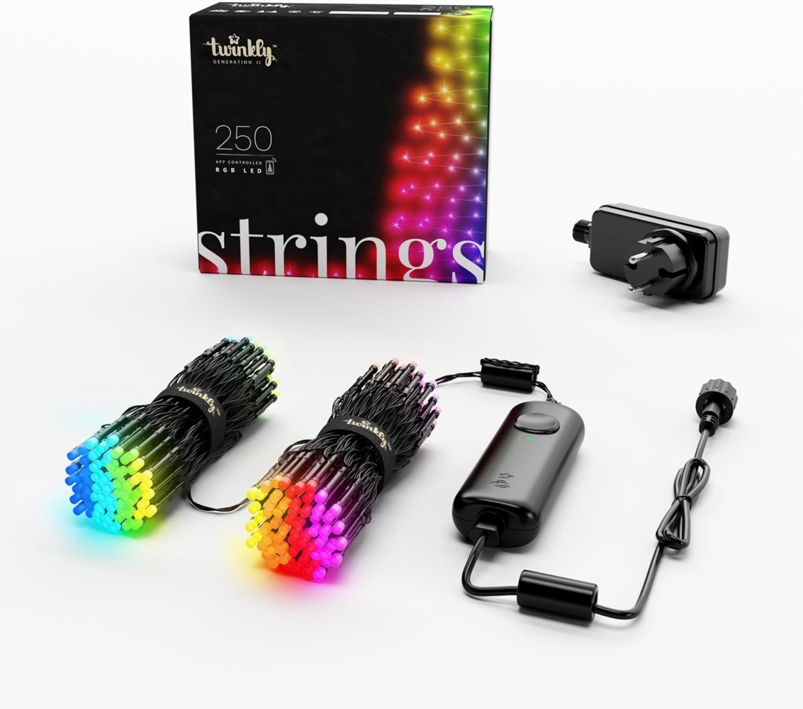 Twinkly Strings 250 LED RGB, LED-Lichterkette für Draußen und Drinnen, Smarte LED-Lichter, Kompatibel mit Alexa und Google Home, IP44, Weihnachtsdeko, App-Steuerung, Schwarzes Kabel, 20m Bild 1