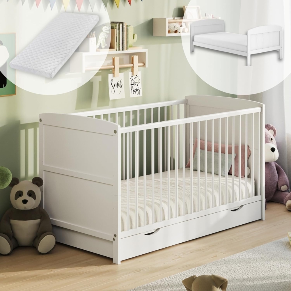 Kids Collective Babybett umbaubar zu Kinderbett Gitterbett mit Schublade 60x120 70x140cm, höhenverstellbares Lattenrost, 70x140 cm, Weiß mit Matratze Bild 1