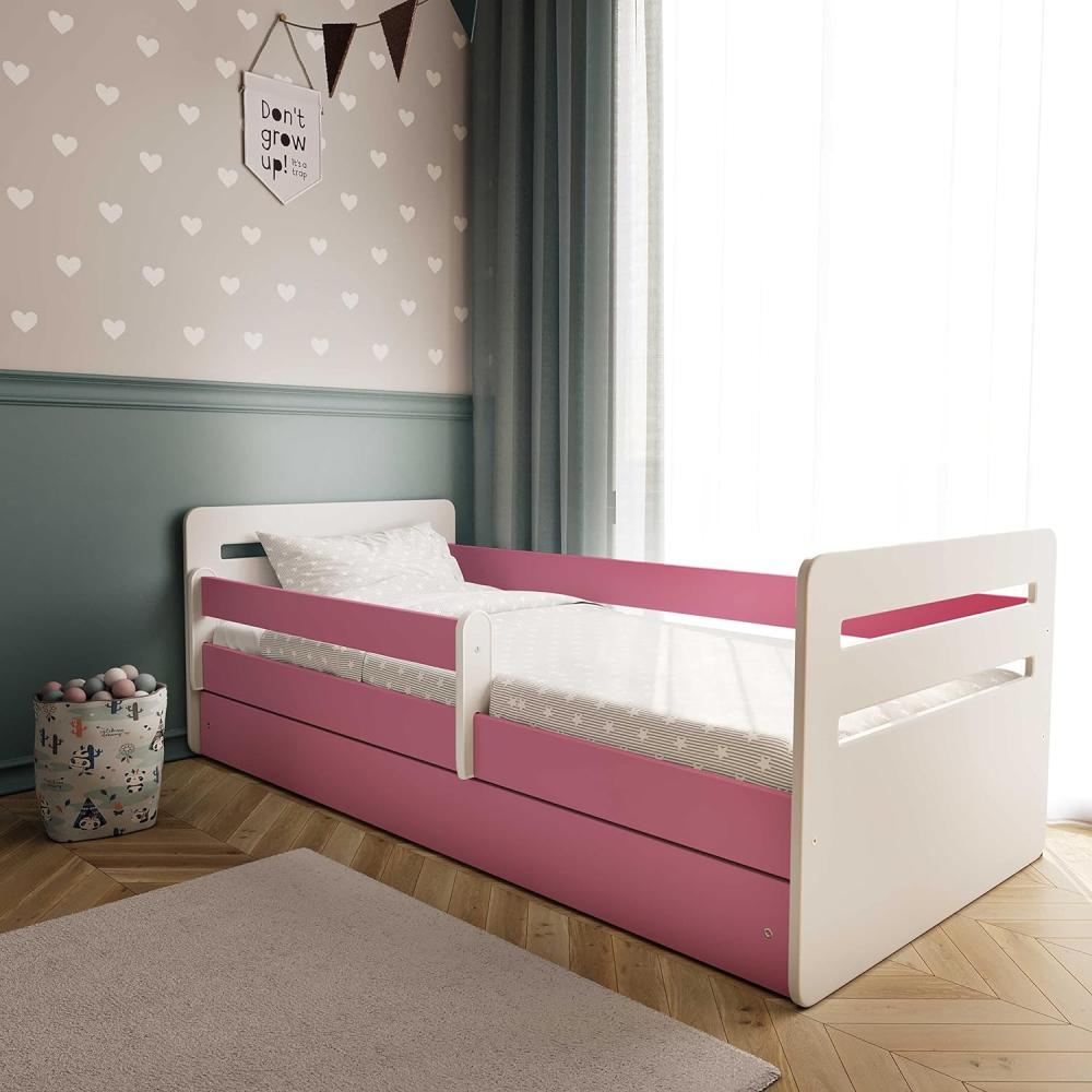 Kinderbett Jugendbett Rosa mit Rausfallschutz Schubalde und Lattenrost Kinderbetten für Mädchen und Junge - Tomi 80x160 cm Bild 1