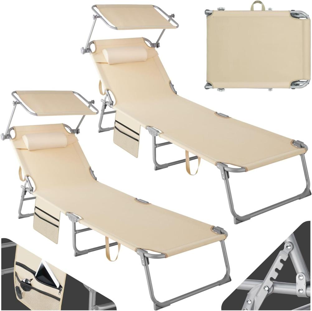 tectake® 2er Set Sonnenliege klappbar und tragbar, Liege mit Seitentasche, Strandliege, Gartenliege mit Dach, Liegestuhl mit Verstellbarer Rückenlehne, Kopfkissen - für Balkon, Terrasse (beige) Bild 1