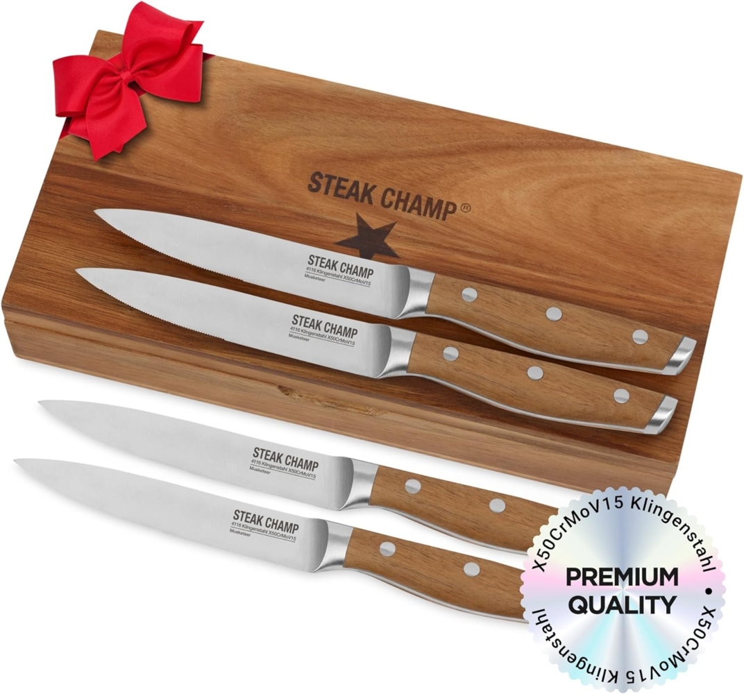 STEAK CHAMP Steakmesser 4er Set - Akazienholzgriffe - in Massivholz Geschenkbox Bild 1