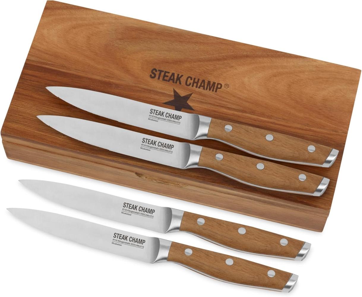 STEAK CHAMP Steakmesser 4er Set - Akazienholzgriffe - in Massivholz Geschenkbox Bild 1