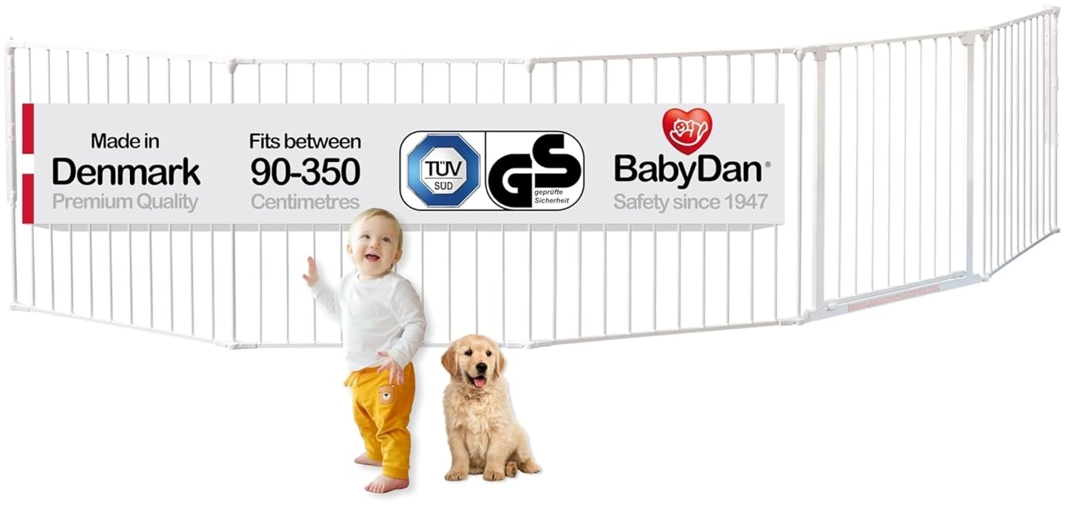 Baby Dan Kaminschutzgitter/Raumteiler Flex XXL 90 - 350 cm, weiß - Hergestellt in Dänemark + TÜV/GS geprüft Bild 1