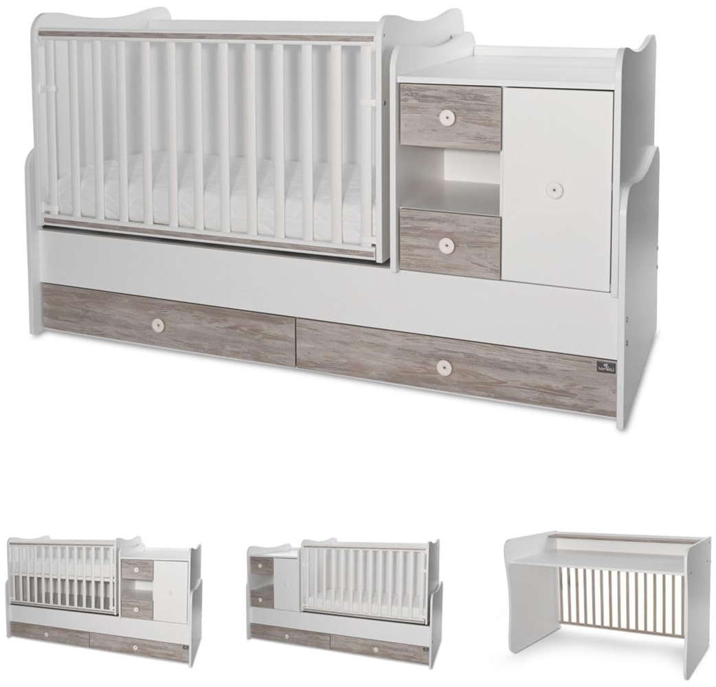 Lorelli Babybett, Jugendbett 3 in 1 Mini Max umbaubar, für 2 Kinder gleichzeitig weiß grau Bild 1