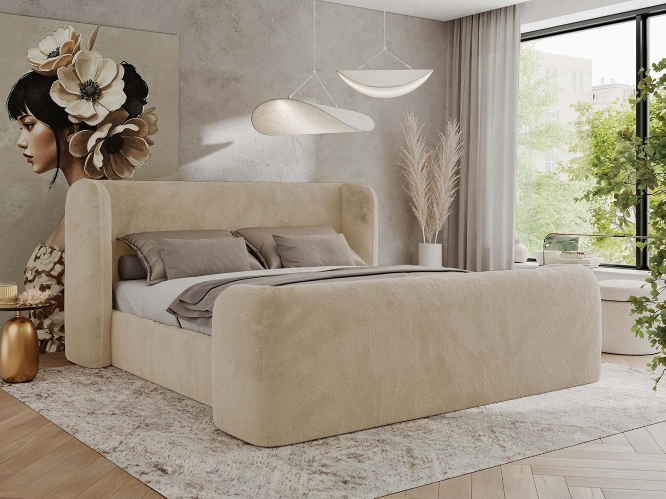 Polsterbett mit Lattenrost, Doppelbett für Schlafzimmer, Gepolstertes Kopfteil - EMORA CLASSIC DUO - 180 x 200 cm - Creme Stoff Bild 1