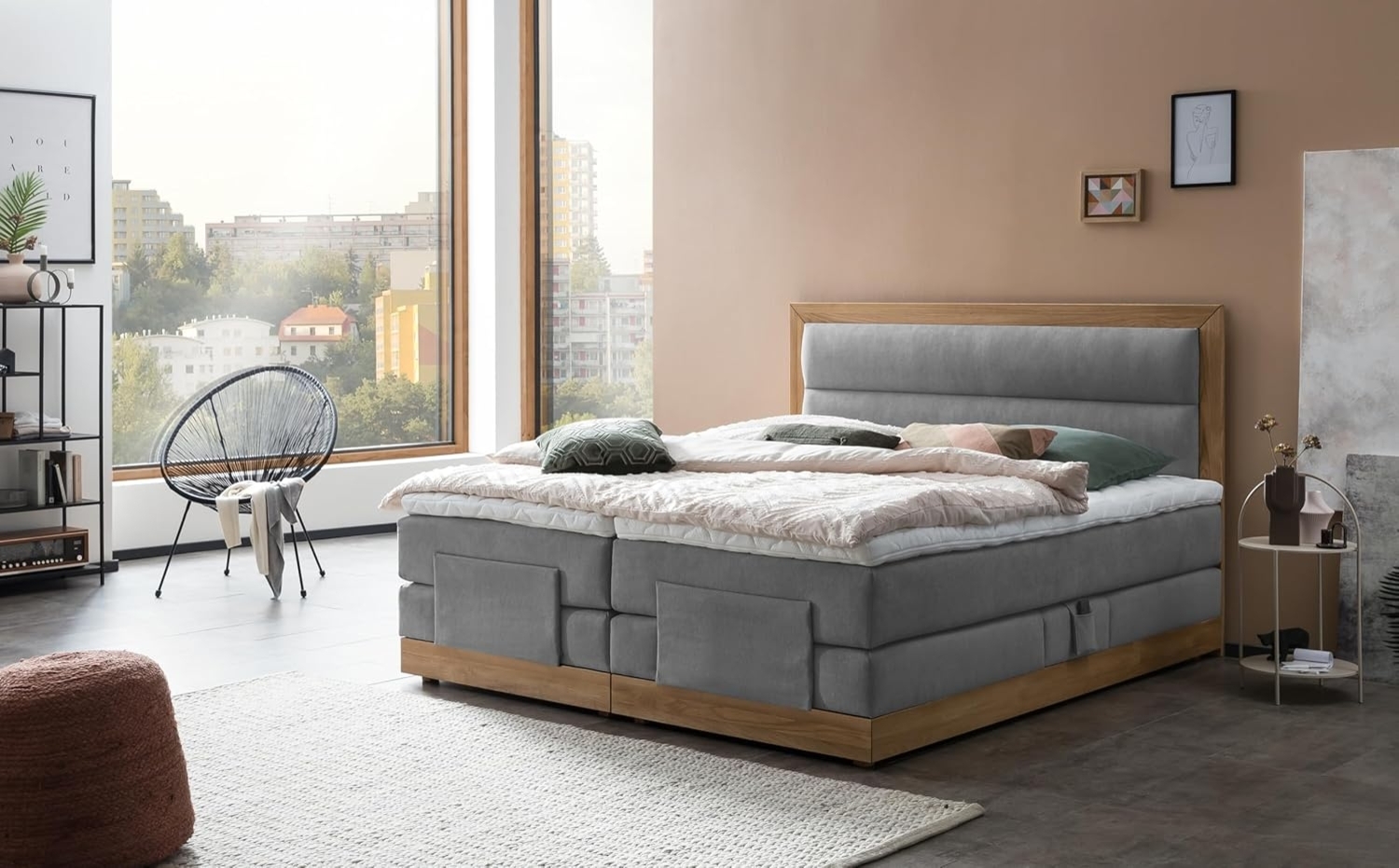 Belanoti Boxspringbett MODELA (Boxspringbett 160x200 elektrisch verstellbar Bett 160x200 mit Motor, 7-Zonen Taschenfederkern Matratze inklusive Visco Topper), in der Farbe Hellgrau H2/H3 Polsterbett Motorbett mit Eiche Bild 1