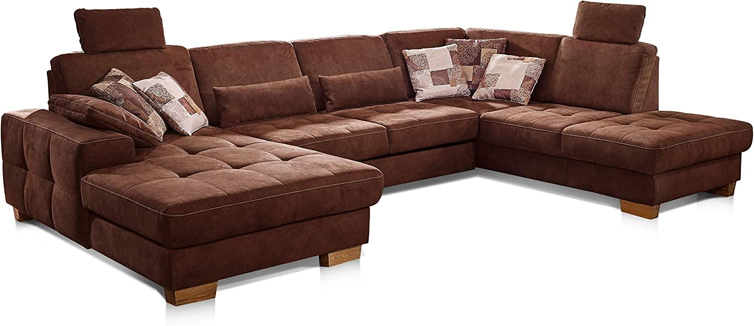 CAVADORE Wohnlandschaft Puccino mit Federkern, Bettfunktion, Sitztiefenverstellung und 2 Kopfstützen / Sofa in U-Form im Landhausstil / 340 x 86 x 224 cm / Mikrofaser braun Bild 1