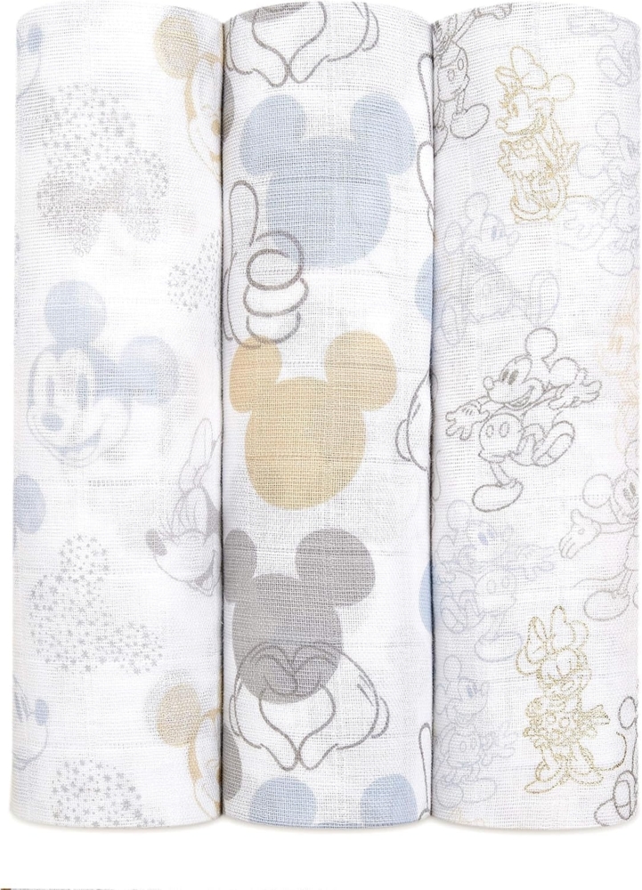 aden + anais Pucktücher, Baby-Decken aus 100% Baumwoll-Musselin für Neugeborene Mädchen & Jungen, Wickeltücher-Set für Säuglinge & Kleinkinder, 120x120 cm, 3er-Pack, Mickey + Minnie Bild 1