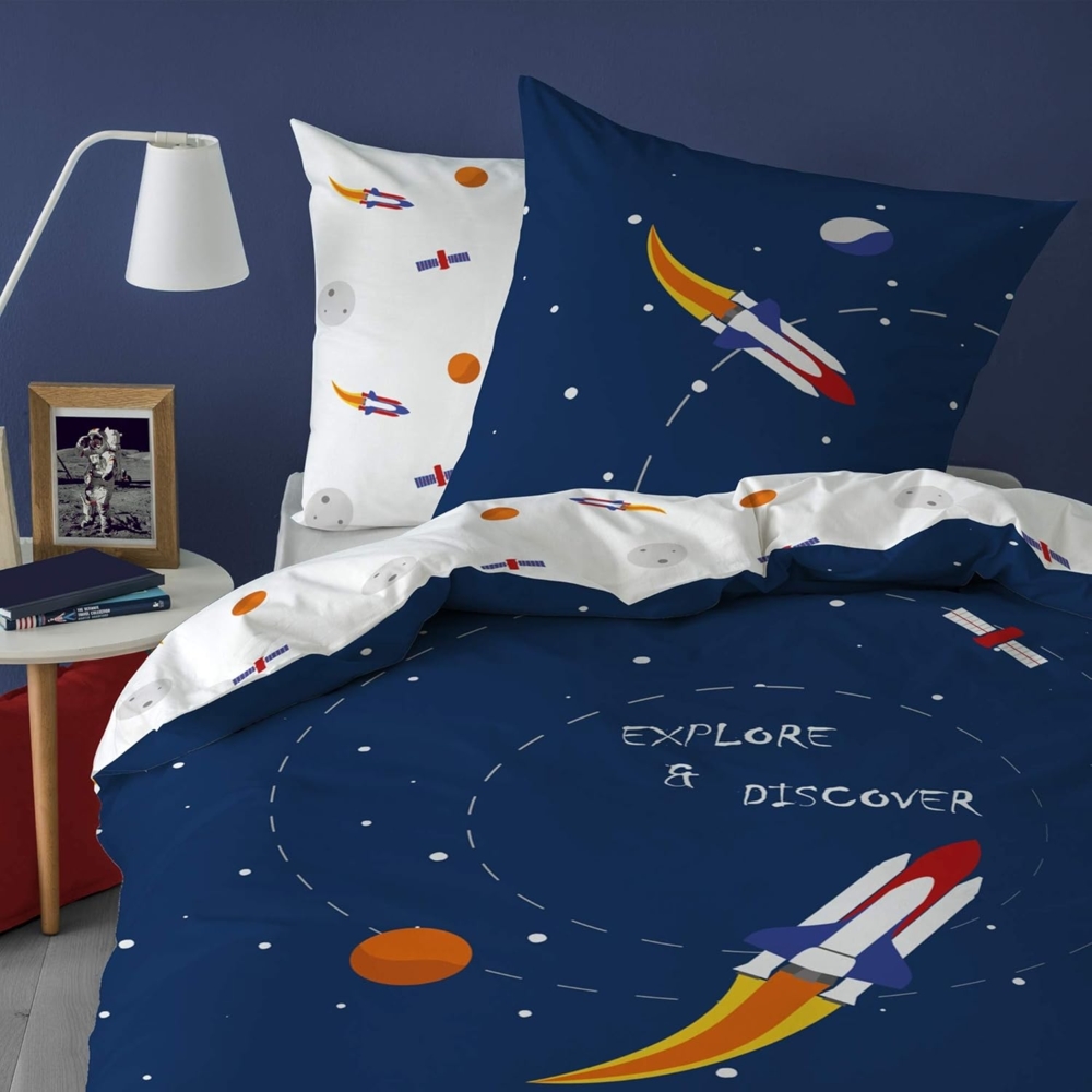 MTOnlinehandel Kinderbettwäsche Rakete Planeten Weltall 135x200 + 80x80 cm, 100 % Baumwolle, Renforcé, 2 teilig, hochwertige Bettwäsche für Mädchen und Jungen Bild 1