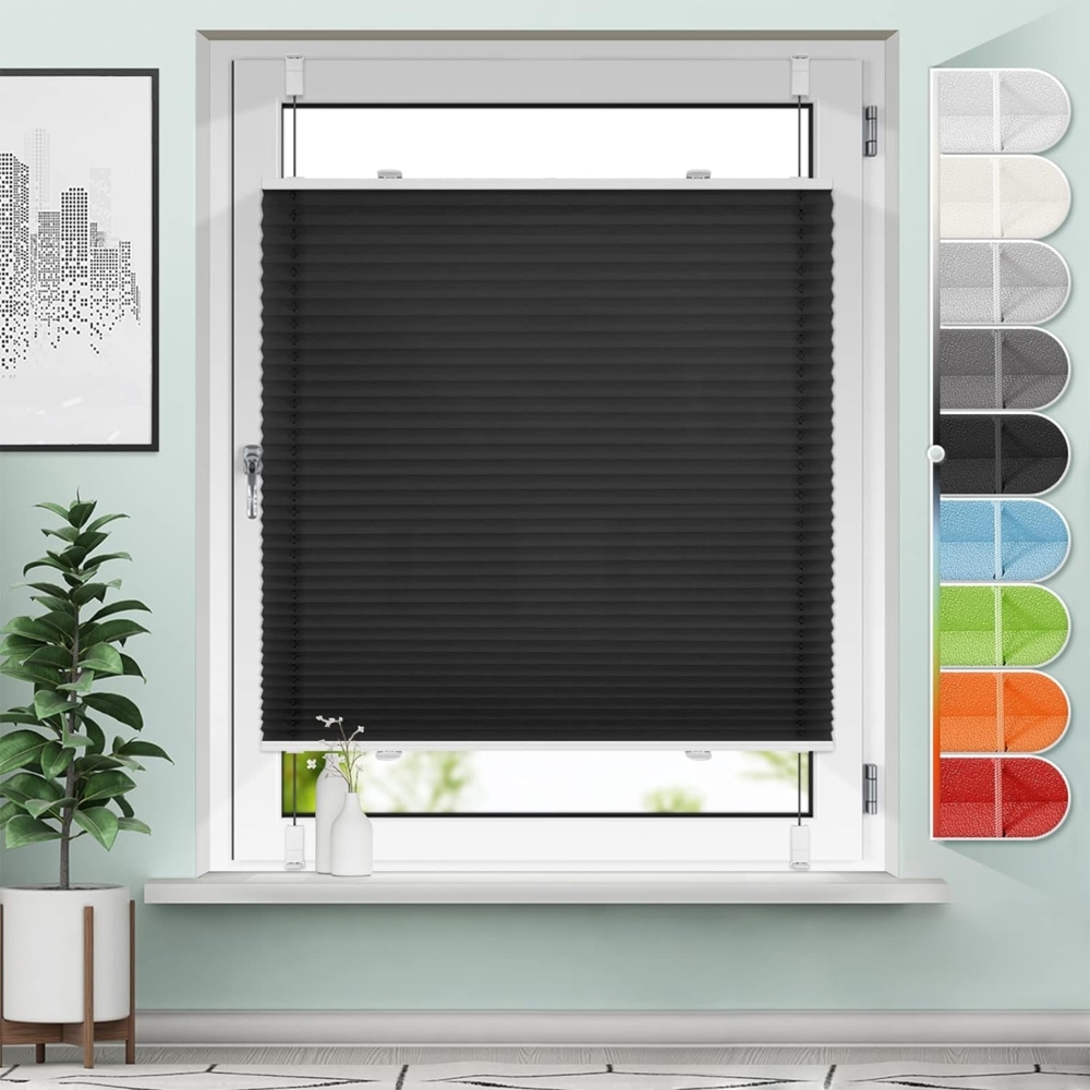 Sanfree Plissee Klemmfix Plisseerollo ohne Bohren Schwarz B80 x H130cm inkl. Klemmträger Blickdicht und lichtdurchlässig Jalousie Faltrollo Sichtschutz und Sonnenschutz Rollo für Fenster & Tür Bild 1