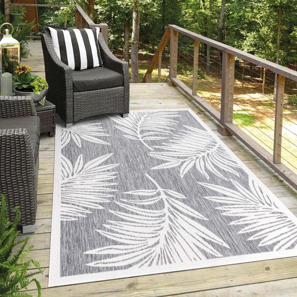 carpet city Teppich Outdoor Wetterfest - Grau - 200x290 cm - Palmen-Blätter - Balkon Teppich Wasserabweisend - In-& Outdoor Teppiche für Terrasse, Garten, Küche, Bad oder Wohnzimmer Bild 1