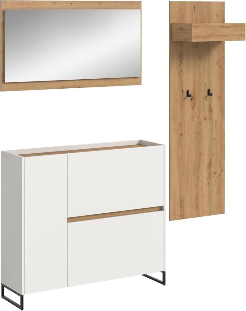 xonox. home – 3 teilige Garderobenkombination Drive 175 x 192 x 32 cm in Weiß und Artisan Oak Nachbildung – Set mit Spiegel, Regal & Schuhkommode – Moderne Garderobe für Diele & Eingangsbereich Bild 1