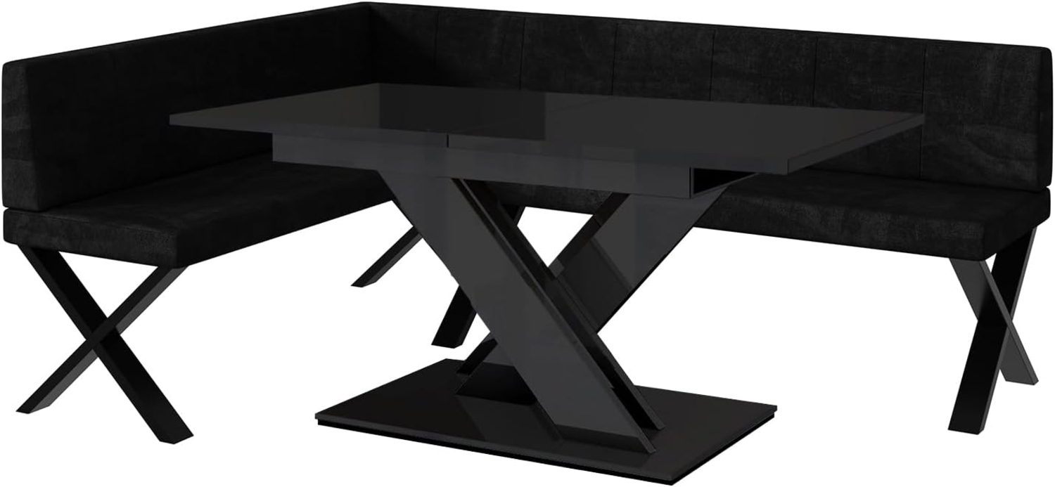 MEBLINI Eckbank für Esszimmer mit ausziehbarem Tisch - Küchenbank - Essecke - Sitzecke Küche - PETER - X-Beine 142 x 196 x 87 cm Links - Schwarz Samt/B Schwarz Hochgl. Bild 1