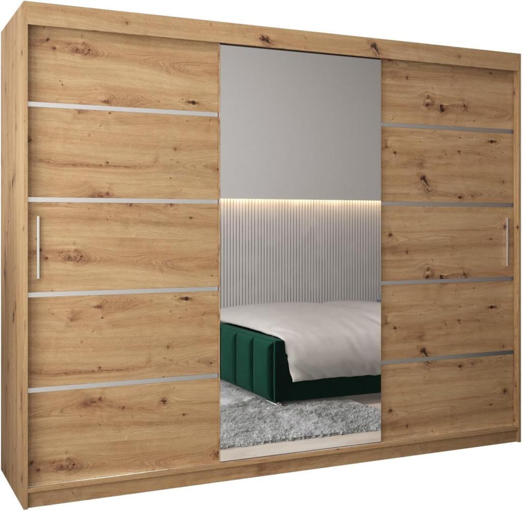 Schwebetürenschrank Verona 2-250cm mit Spiegel Kleiderschrank mit Kleiderstange und Einlegeboden Schlafzimmer- Wohnzimmerschrank Schiebetüren Modern Design (Artisan Eiche) Bild 1