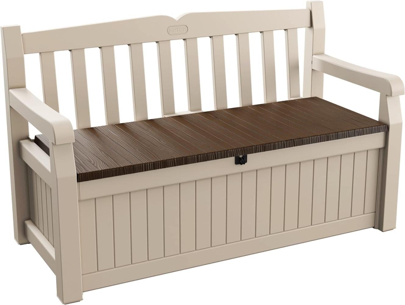 Keter Sitzbank Eden für Balkon und Garten, Gartenbank mit integrierter Kissenbox mit 265 l Stauraum, 140x60x84cm, wetterfest, pflegeleicht, beige, Outdoor, Holzoptik Bild 1