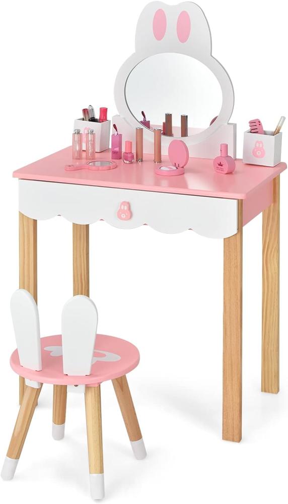 COSTWAY Kinder Schminktisch mit Hocker, Prinzessin Schminkkommode Frisiertisch mit Spiegel Schubladen & Aufbewahrungsbox, Make-up Schminktisch Frisierkommode für Kinder Mädchen Bild 1