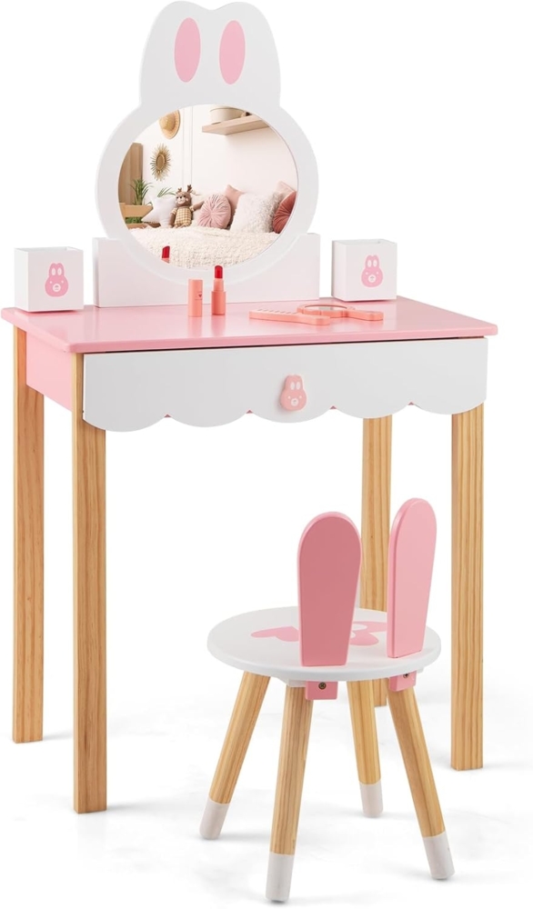 COSTWAY Kinder Schminktisch mit Hocker, Prinzessin Schminkkommode Frisiertisch mit Spiegel Schubladen & Aufbewahrungsbox, Make-up Schminktisch Frisierkommode für Kinder Mädchen Bild 1