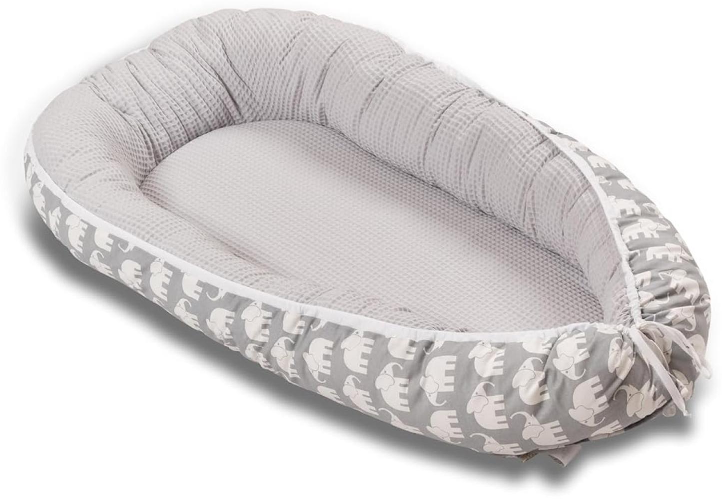 ULLENBOOM® Babynest aus OEKO-TEX Materialien & Made in EU, Graue Elefanten - Babynestchen Neugeborene aus kuscheliger Baumwolle, Als Reisebett, Kuschelnest & Kuschelbett geeignet Bild 1