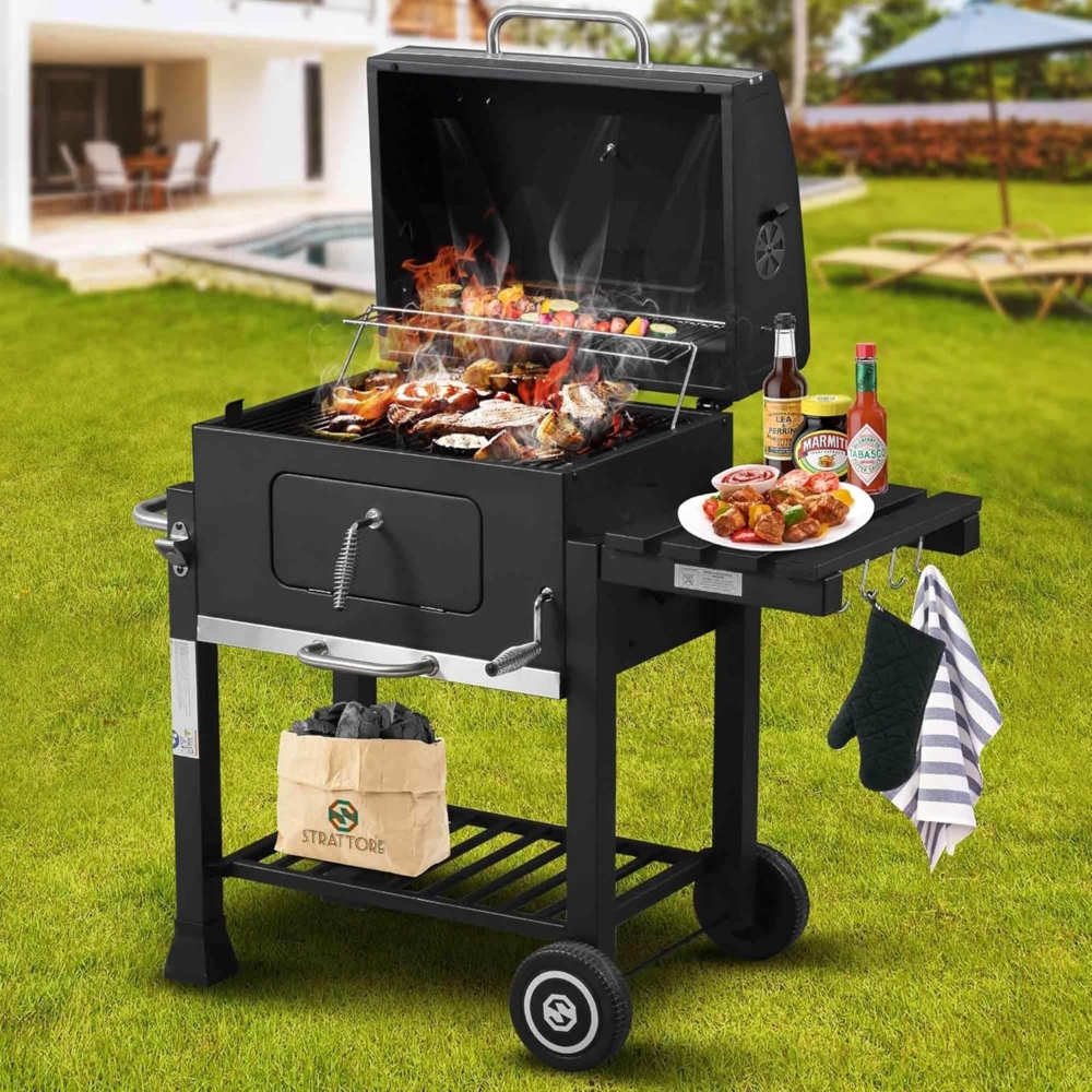 Strattore Holzkohlegrill / quadratischer BBQ XL Grillwagen aus Eisen, Schwarz, ca. 116 x 56,5 x 105 cm Bild 1