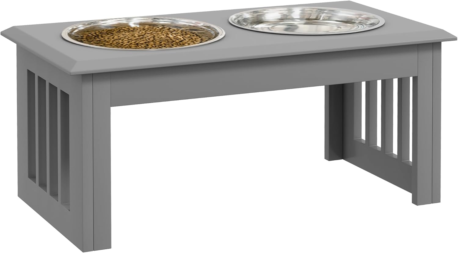 PawHut Futternapf Erhöhter Hundenapf, Edelstahlnäpfen, 58,4 x 30,5 x 25,4 cm, Edelstahl, MDF, Grau Bild 1