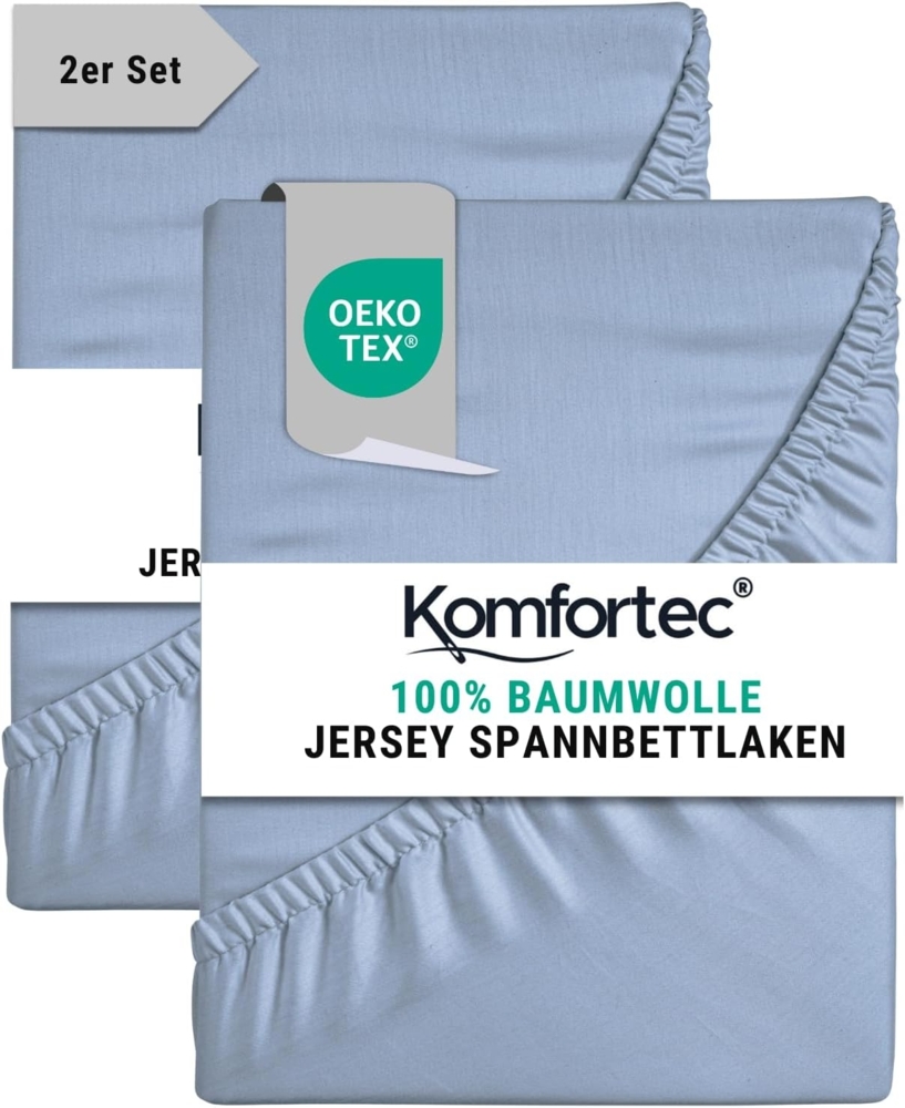 Komfortec 2er Pack Jersey Spannbettlaken 90x200 cm, 100% Baumwolle, Doppelpack Spannbettuch, Hellblau Bild 1