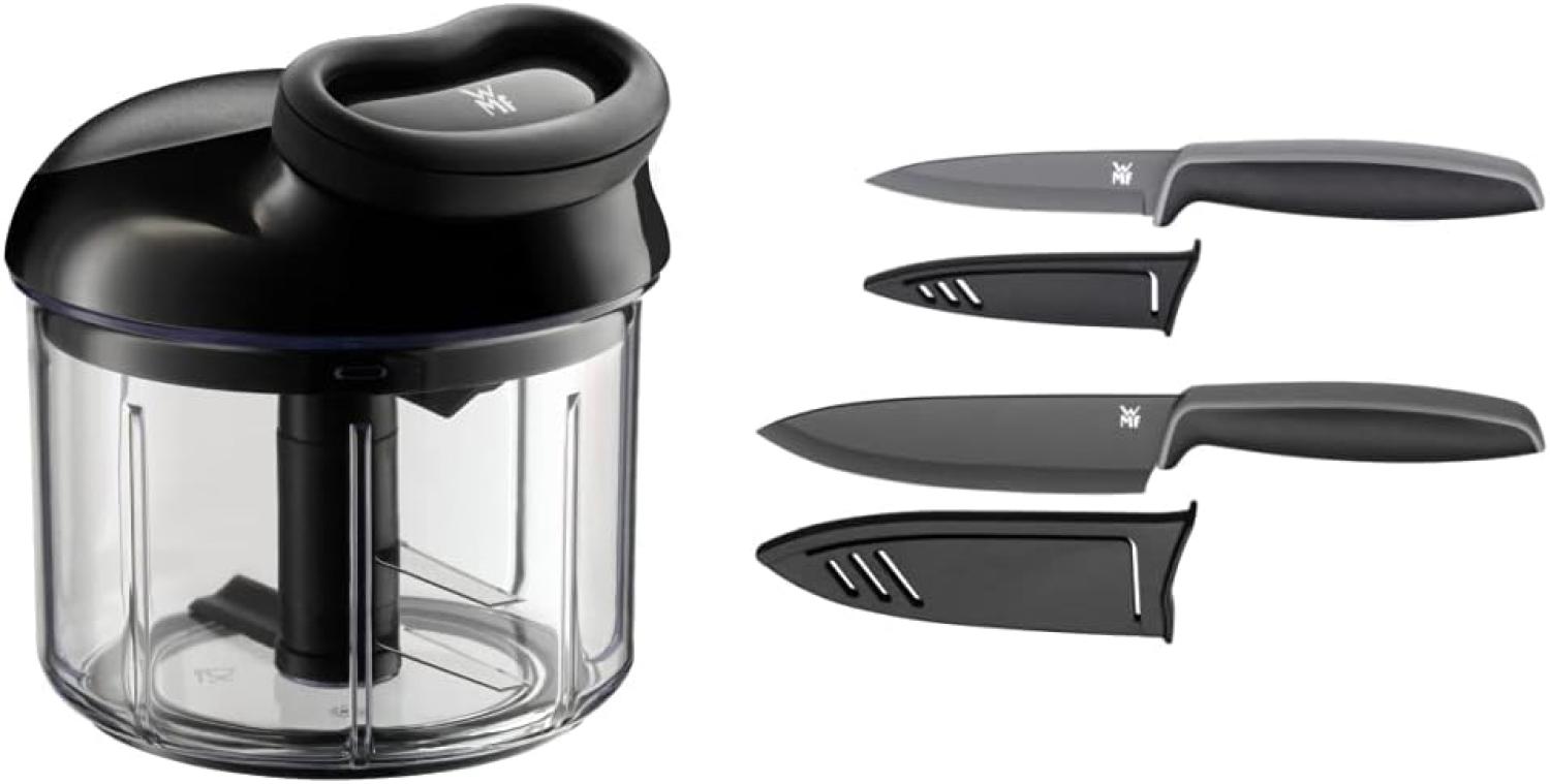 WMF Gourmet Gemüseschneider manuell mit Seilzug, 900ml & Touch Messerset 2-teilig, Küchenmesser mit Schutzhülle, Spezialklingenstahl antihaftbeschichtet, scharf, Kochmesser, Gemüsemesser, schwarz Bild 1