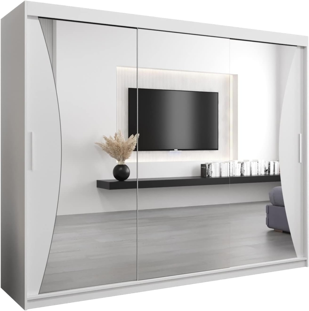 Kryspol Schwebetürenschrank Monaco 250 cm mit Spiegel Kleiderschrank mit Kleiderstange und Einlegeboden Schlafzimmer- Wohnzimmerschrank Schiebetüren Modern Design (Weiß) Bild 1