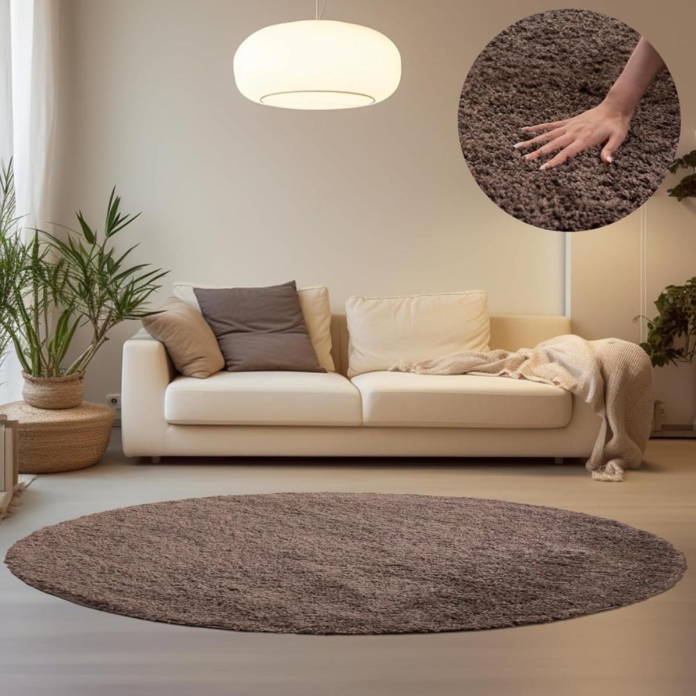 HomebyHome Shaggy Teppich Wohnzimmer Runder Flauschiger Teppich Taupe 120 cm Rund Einfarbig - Hochflor Teppich Schlafzimmer Pflegeleicht und Schmutzabweisend Modern Langflor Teppich Weich Plüsch Halı Bild 1