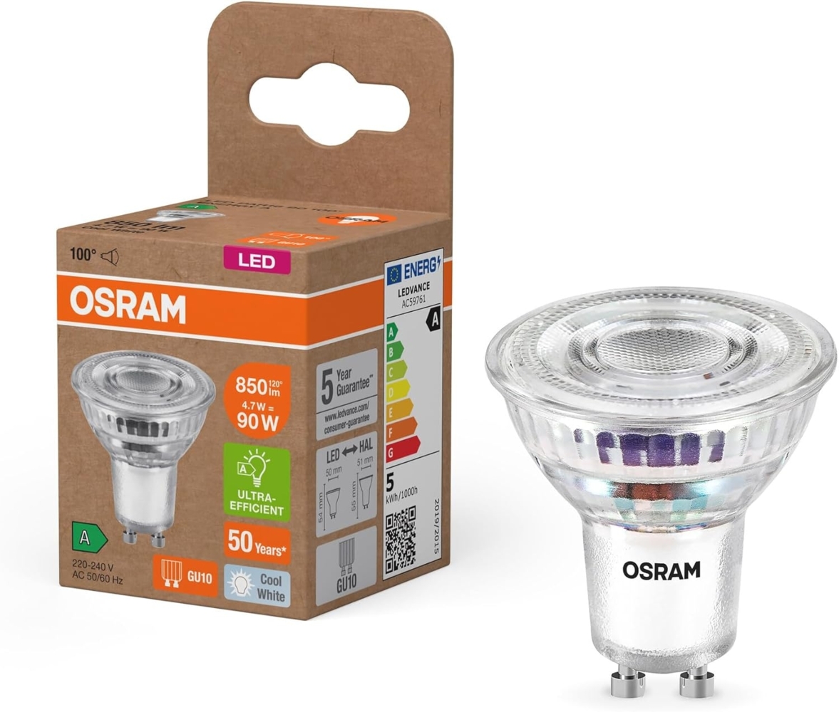 Osram Energy Class LED-Reflektor-Lampe PAR16 mit 4.7 W, 850 lm, kaltweiß (4000 K) aus bleifreiem Glas mit GU10 Sockel in der Energieeffizienzklasse A, 50 mm Durchmesser, IP20. Bild 1