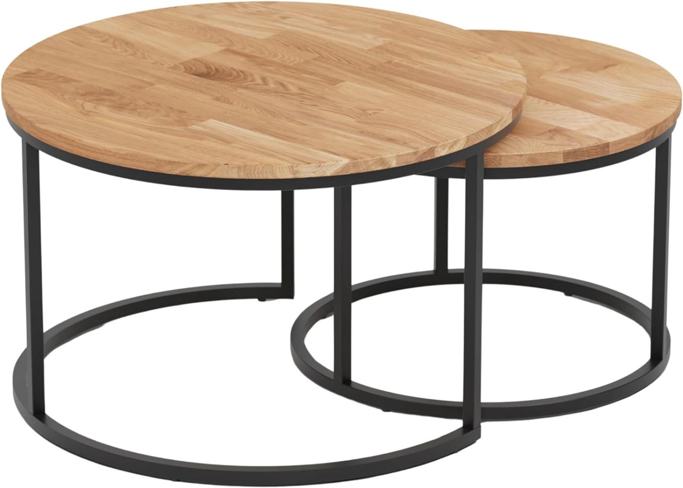 Hochwertiger Couchtisch aus Eiche & Metall - Satztisch aus Massiv Holz im 2er Set | Wohnzimmertisch aus Echtholz - Rund & Modern | Couch Beistelltisch - 50 cm hoch | Wohnzimmer Tisch in Natur braun Bild 1