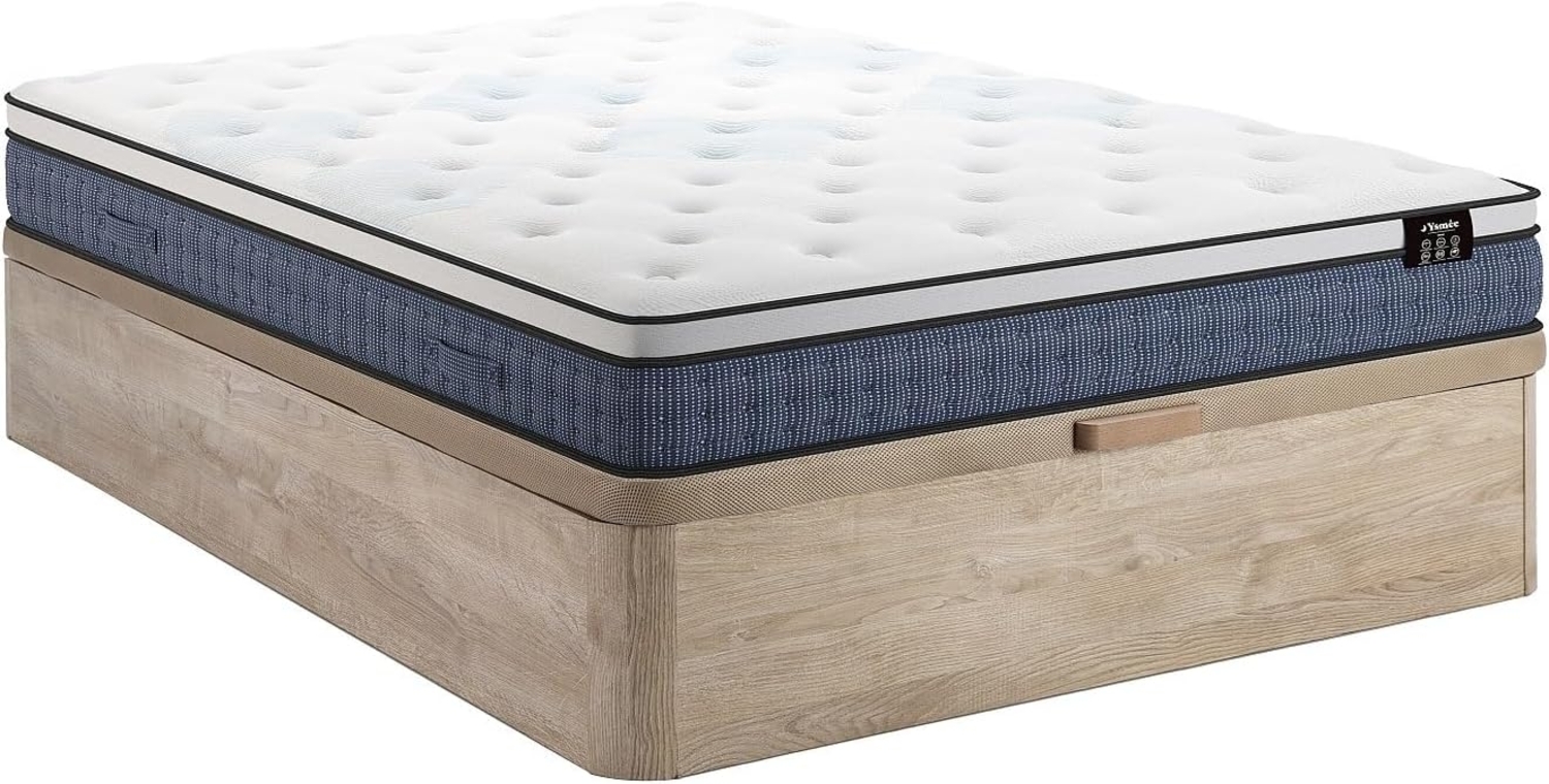 Vente-unique - Bett-Set 140x190 cm - Bettkasten Natur hell + Taschenfederkernmatratze 7 Zonen + Memory-Gel - 23 cm - VARNO von YSMÉE Bild 1