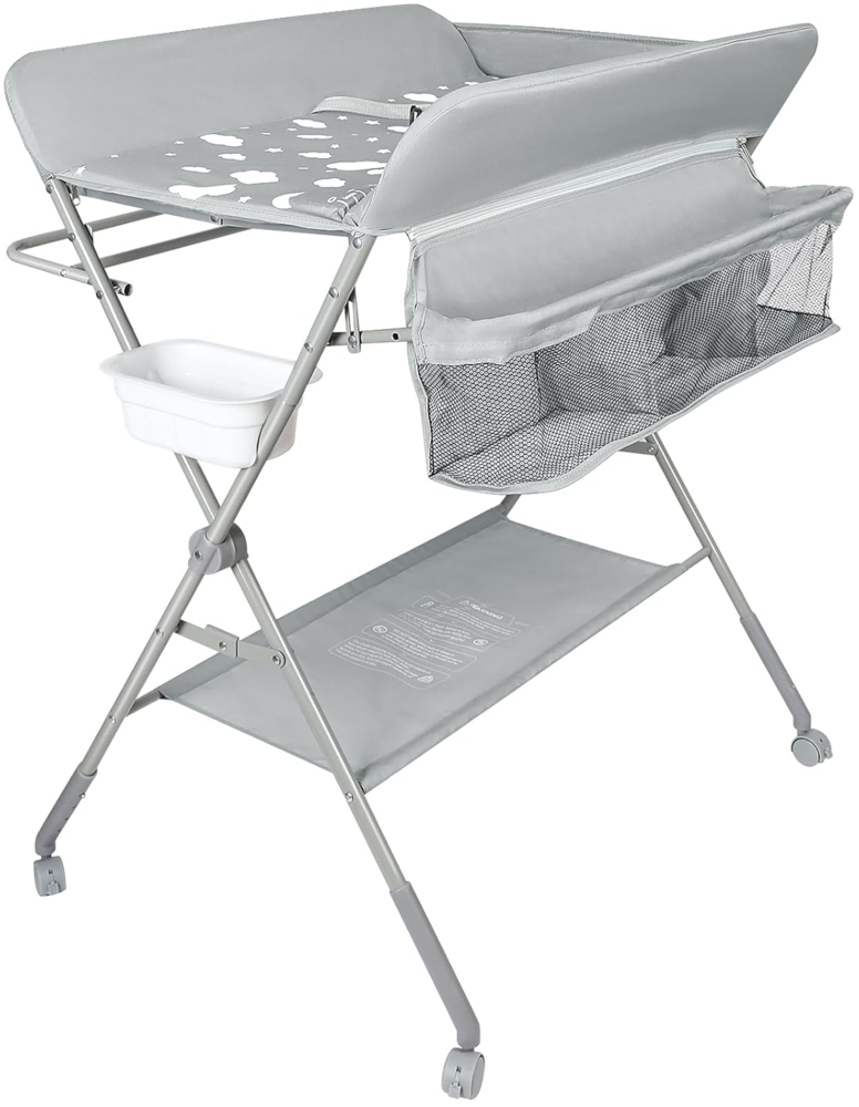 mobiler Wickeltisch mit Wickelaufsatz, Wickelkommode klappbar höhenverstellbar, Wickelkombi mit Sicherheitsgurt Aufbewahrungskorb Kleiderstange-80 * 58 * 90 cm-hellgrau Bild 1