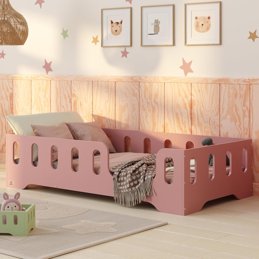 smartwood Kinderbett Bodenbett 70x160 mit Rausfallschutz & Lattenrost - Rosa - Kinder Montessori Bett TILA 2P mit glatten Kanten - Betten für schnelle Montage - Bis 230 kg belastbar Bild 1