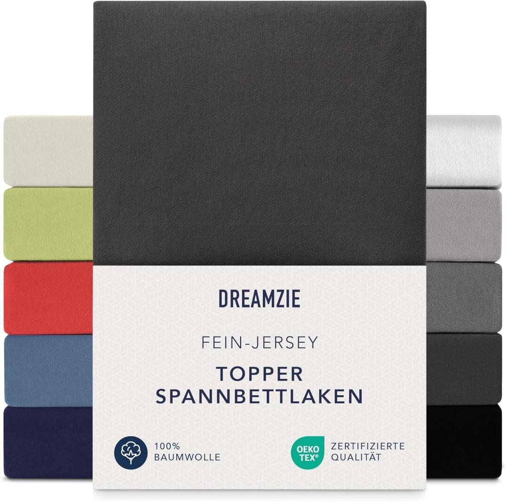 Dreamzie Premium Topper Spannbettlaken 140x200 cm - 160x200 cm - extra niedriger Seitenhöhe - für Boxspringbett - Topperauflage - Spannbetttuch Jersey Baumwolle, 150 g/m² - Oeko-TEX - Schwarz Bild 1