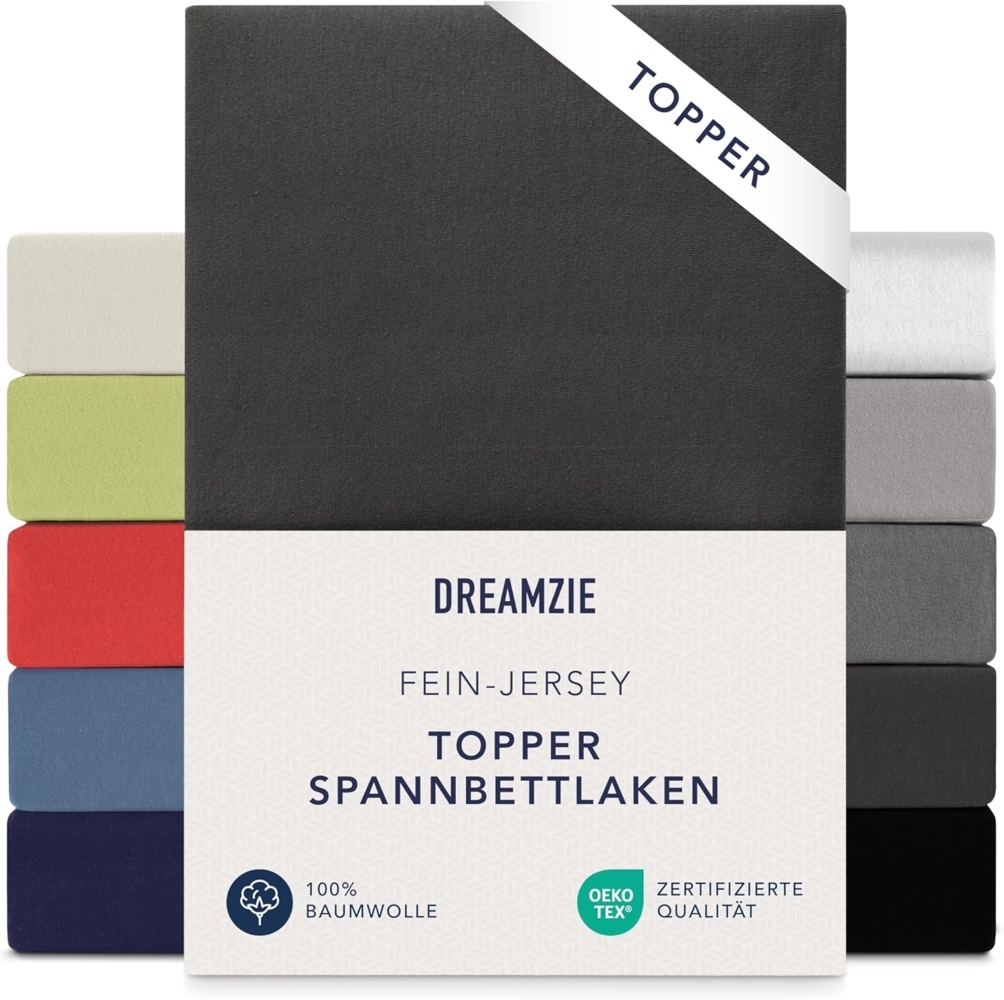 Dreamzie Premium Topper Spannbettlaken 140x200 cm - 160x200 cm - extra niedriger Seitenhöhe - für Boxspringbett - Topperauflage - Spannbetttuch Jersey Baumwolle, 150 g/m² - Oeko-TEX - Schwarz Bild 1