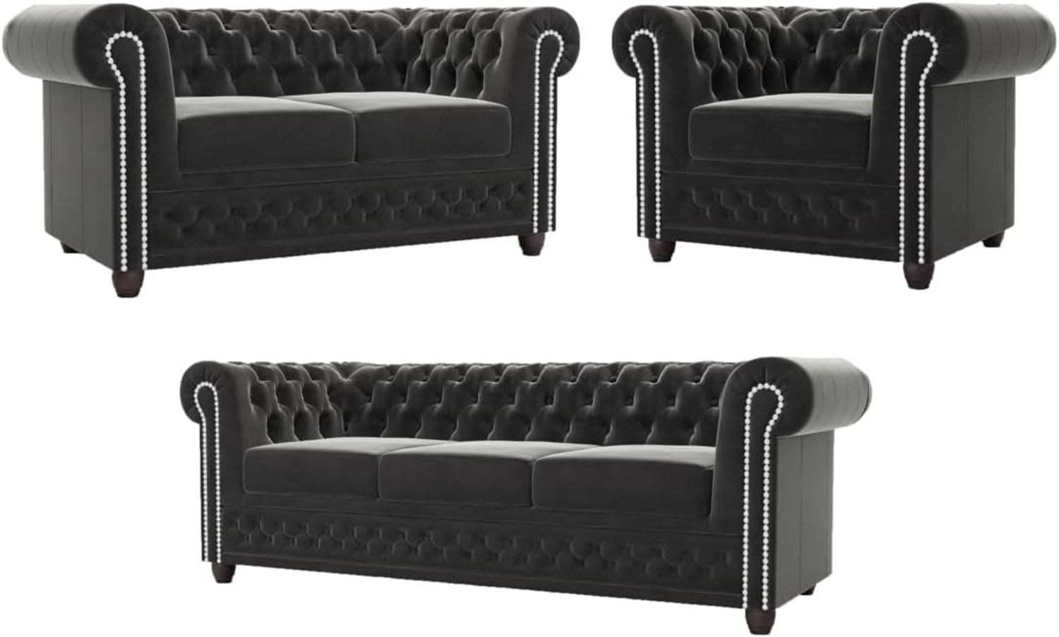 S-Style Möbel Polstergarnitur Chesterfield Lena mit Schlaffunktion 3+2+1 aus Samt-Stoff, Holzfüßen, (3-Sitzer-Sofa mit Schlaffunktion, 2-Sitzer-Sofa mit Schlaffunktion, Sessel), mit Wellenfederung Bild 1