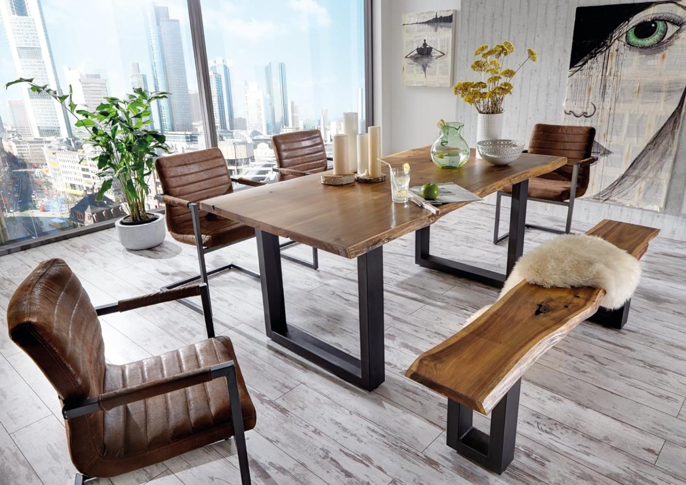 SAM® 6 TLG. Essgruppe Quentin, je 1x Baumkantentisch 140x80 cm & -Bank 140x40 cm, Akazie-Holz, 4X Schwingstuhl Parzivo in Wildleder-Optik Bild 1