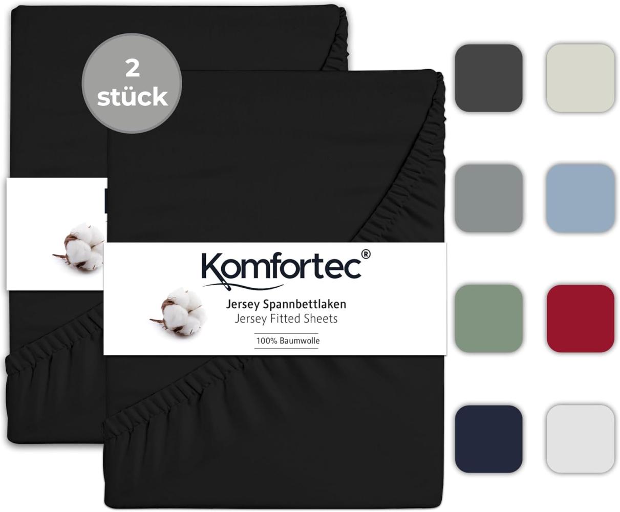 Komfortec 2er Pack Jersey Spannbettlaken 90x200 cm, 100% Baumwolle, Doppelpack Spannbettuch, Schwarz Bild 1