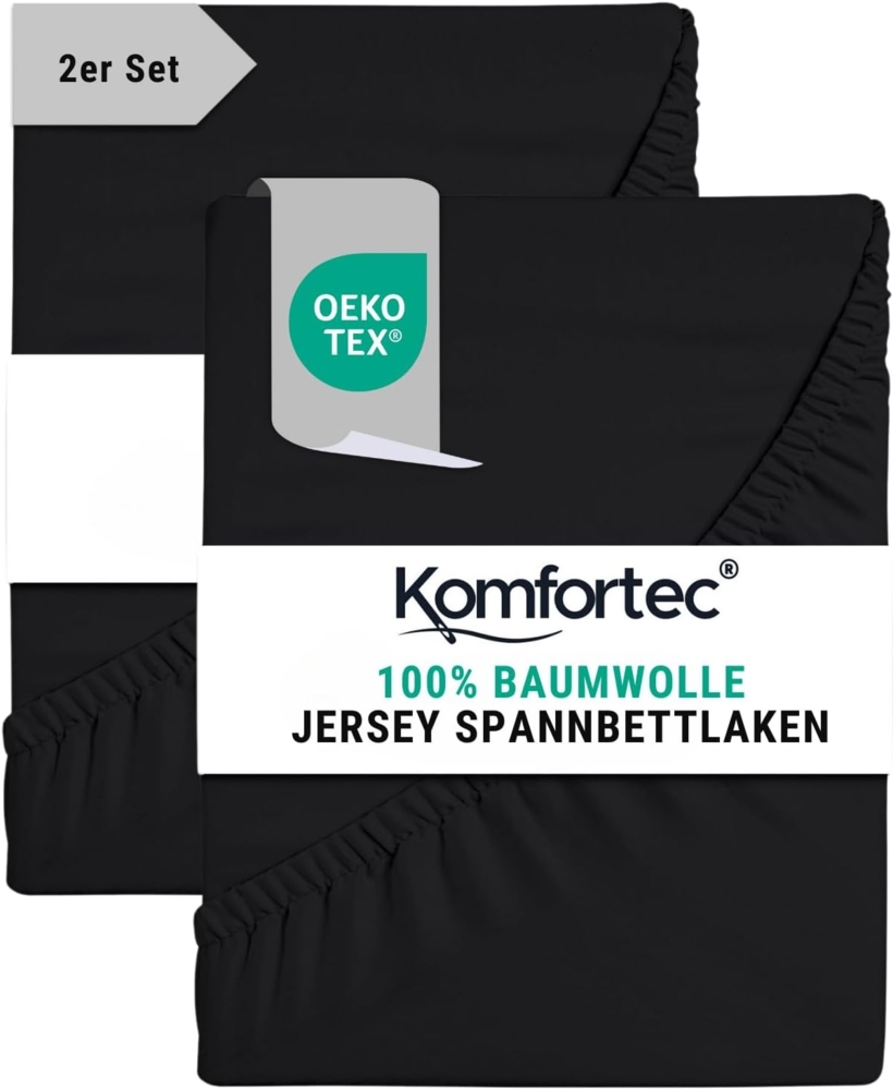 Komfortec 2er Pack Jersey Spannbettlaken 90x200 cm, 100% Baumwolle, Doppelpack Spannbettuch, Schwarz Bild 1