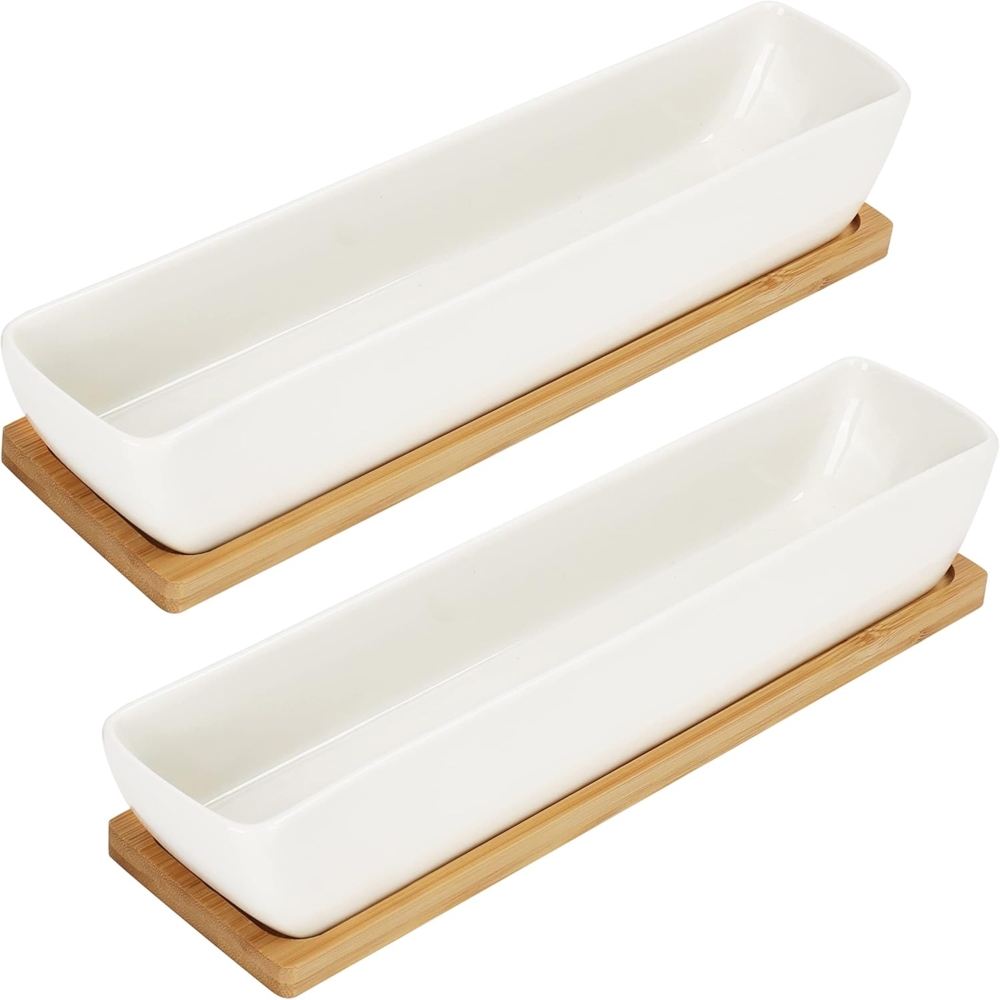 Belle Vous Blumentopf Weiße Sukkulentenpflanzentöpfe mit Bambus-Tablett (2 Stück), White Succulent Plant Pots with Bamboo Tray (2 pcs) Bild 1